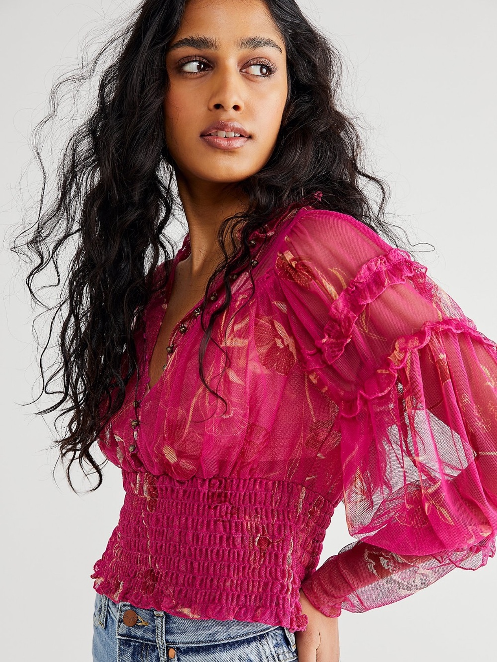 Free People Fuchsia Floral Mesh Smocked Peasant Top Boho Fairycore Y2K size M